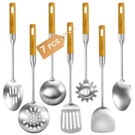 Stainless Steel Cooking Utensils Set with Wooden Handle, 7 Pcs Long Kitchen Utensil Set Stainless Steel, Heat Resistant Metal Spatula Set for Cooking with Turners, Skimmer, Ladle, Pasta Fork