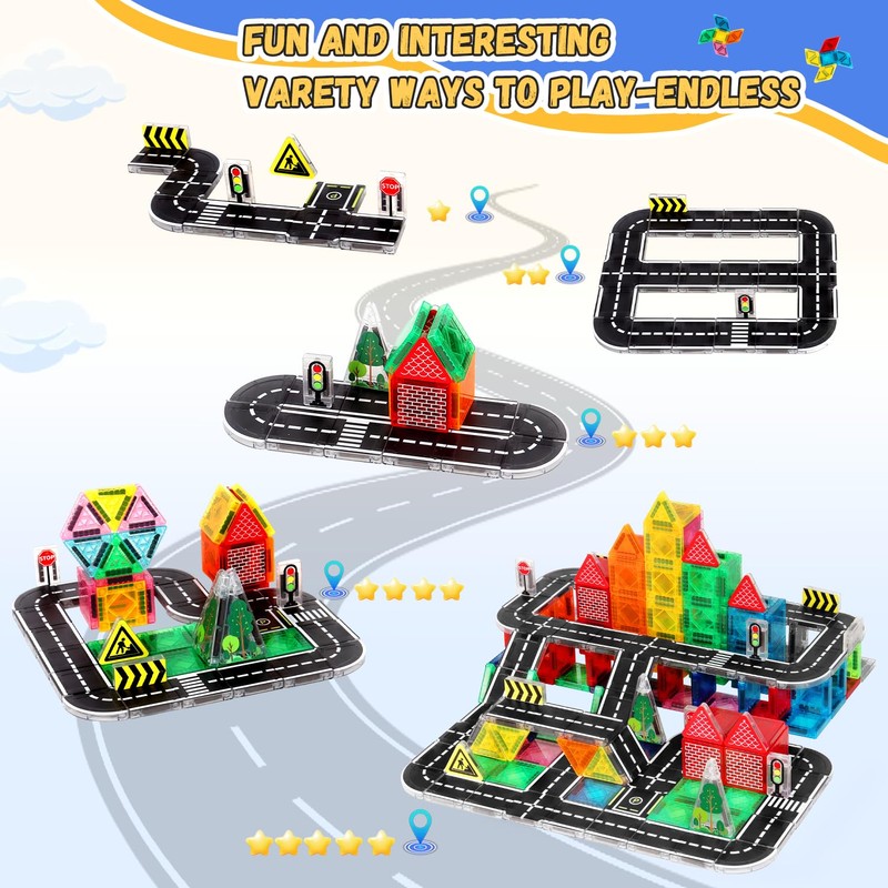 Mini Road Magnetic Tiles Set, Travel Magnetic Tiles with Metal