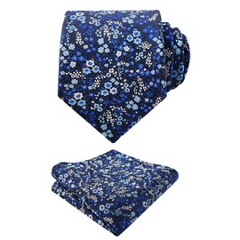 Alizeal Mens 3.15inches Exquisite Floral Tie with Small Flower Printed Pocket Square, Navy+Royal Blue