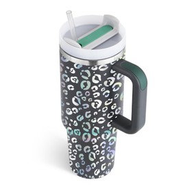 Ochapa 40 oz Tumbler with Handle Leopard Straw Lid Insulated Stainless Steel Vacuum Reusable Cup Holder Friendly Keep Drinks Cold Gifts for Christmas Lover Women Car Gym Travel, Leopard Gray