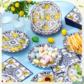 Funnymoom 96 Pieces Capri Lemon Tableware Set for 48 Guests Include 48 Pcs 7 Inch Dessert Plates and 48 Pcs Napkins Watercolor Disposable Dinnerware for Summer Birthday Holiday Tea Party Supplies