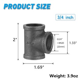 Home TZH 3/4" Pipe Fitting Tee, 10 Pack DN20 Threaded Gray Cast Malleable Iron for Steampunk Vintage Shelf Bracket DIY Plumbing Pipe Decor Furniture (10, 3/4")