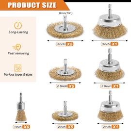 POLIWELL 24 Pack Wire Wheel Brush for Drill, Carbon Steel Bristles Wire Cup Brush Set Coarse Crimped Abrasive Brass Coated Brushes with 1/4 Inch Hex Shank for Rust Removal, Corrosion, Paint Cleaning