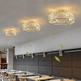 HUEOCZW Modern Low Profile Ceiling Fans with Lights and Remote, 20-Inch Crystal Bladeless Flush Mount Caged Ceiling Fan for Bedroom, Kitchen,Living Room,Small Ceiling Fan with Light with 6 Speed