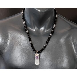 ElisaJewelryArt - Natural Raw Selenite with Amethyst Crystal Pendant Black Onyx Stone Beaded Necklace Genuine Gemstone Protection Stone Necklace Unisex Necklace (22.00, Raw Selenite with Amethyst)