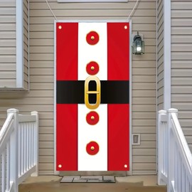 Tomhong Christmas Door Cover Banner Santa Belt Design 71x35 Inch Holiday Door Sign for Front Door Red White Black Door Cover for Winter Xmas Party Home Porch Outdoor Decor