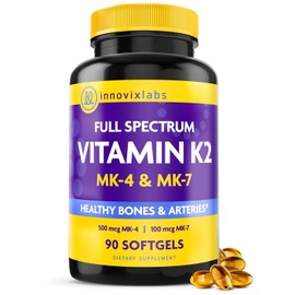 InnovixLabs Vitamina K2 de espectro completo con MK-7 y MK-4. Pure Trans Bioactive Form. 600 mcg K2 por pastilla. Sin soja ni gluten y sin OMG. 90 Cápsulas.