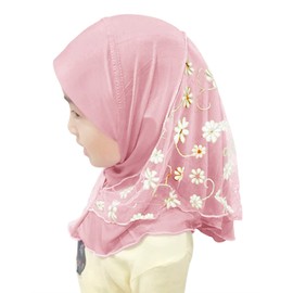 NICEYST Girls Ice Silk Muslim Khimar Hijab Headscarf Flower Arab Scarf Shawls Neck Wrap Islamic Head Wrap for Age 2-7 Years (Style 2-Light Pink)