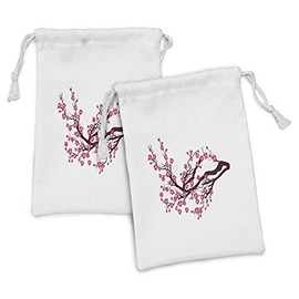 Lunarable Peach Pink Fabric Pouch Set of 2, Life Death Renewal Spring Related Japanese Cherry Blossom Tree Pattern, Small Drawstring Bag for Toiletries Masks and Favors, 9" x 6", White and Multicolor