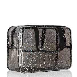 Likesing Kosmetiktasche Kulturtasche, wasserdichte PVC Make Up Tasche Organizer, Tragbare Transparente Schminktasche mit Griff und Reißverschluss für Reisen, Sternmuster Schwarz