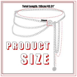 Manfnee Western Metal Concho Belt for Women Cowgirl Chain Belt for Dresses Jeans Country Concert Outfit, Alloy, No gemstone.