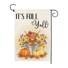 It's Fall Ya'll Garden Flag 12×18 Inch Double Sided Burlap Cow Pumpkin Maple Leaves Floral Outside Autumn Harvest Thanksgiving Holiday Yard Decor