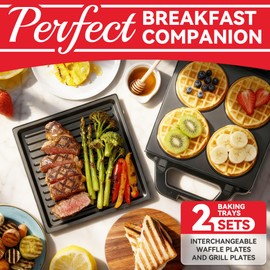 SugarWhisk 2 in 1 Mini Waffle Maker with Removable Plates, Panini Press Sandwich Maker, Sandwich Press, Waflera Electrica, Sandwichera Electrica, 4 X 4 Inch Classic Waffle Maker for Kids, Graphite