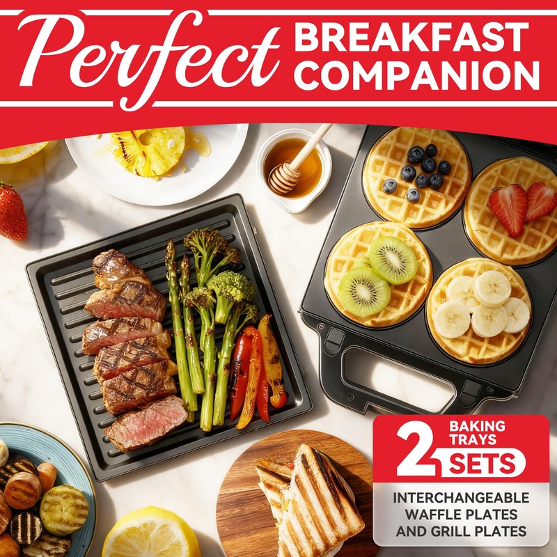 SugarWhisk 2 in 1 Mini Waffle Maker with Removable Plates,