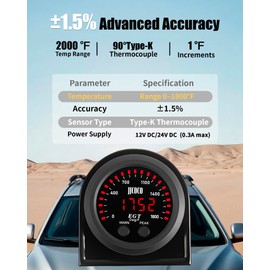 JJCOCO 1800°F Pyrometer Exhaust Gas Temp Gauge Kit with 1/8NPT Type K EGT Sensor & Bracket LED Digital Display Exhaust Gas Temperature Meter for Car & Truck 2-1/16" (52mm)