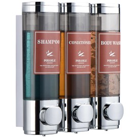 Shampoo and Conditioner Dispenser Wall Mounted Shower Soap Dispenser No Drill Shampoo Dispenser for Shower 3 Chamber Bathroom Body Wash Shower Gel Holder Chrome
