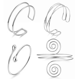 LOAYHOAY 4PCS Upper Arm Cuff Bracelets for Women Gold Silver Cuff Bangle Bracelet Adjustable Upper Arm Bands Armband Set Simple Open Armlet Silver A