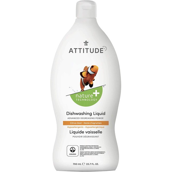 ATTITUDE Dish Detergent, Plant-Based, Hypoallergenic, Eco-Friendly, Citrus Zest, 23.7 Fl Oz