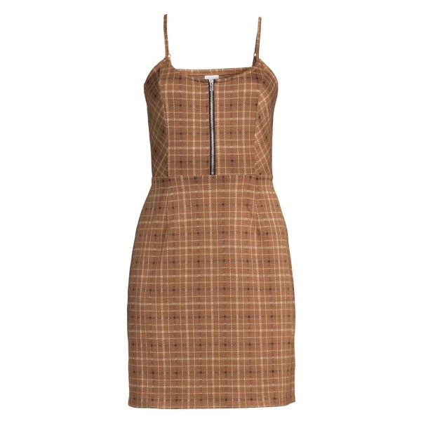 No Boundaries Junior's Sleeveless Brown Plaid Front Zip Dress NWT