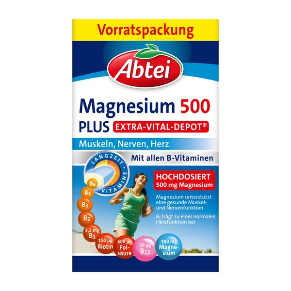 Abtei Magnesium 500 Plus Extra Vital Depot - High Dose - Contains All B Vitamins - Supports Muscles, Nerves and Heart - Laboratory Tested - Vegan - 126 Tablets
