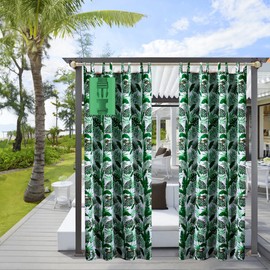 Comlax Outdoor Curtains Waterproof - 132x275 cm Tropical Leaves Printed Garden Thermal Insulation Blackout Drapes Detachable Buckle Tieback for Indoor Window and Outside Porch Pool, Balcony, Green