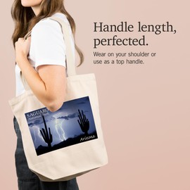 Lantern Press Saguaro National Park, Arizona, Lightning at Night (100% Cotton Canvas Reusable Tote Bag)
