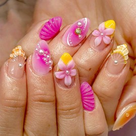 Summer Press On Nails Medium Almond Fake Nails French Tip Acrylic Nails Press Ons Full Cover False Nails with Flower Pearl Designs Glossy Glue On Nail Shell Stick On Nail for Women 24Pcs
