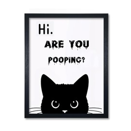 JLXART Framed Wall Art Bathroom Sign Are You Pooping Black funny Cat Toilet Artwork Decor for Restroom,11x14inch