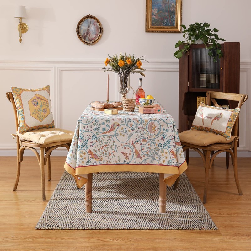 patdrea Designer Yellow French Spring Summer Tablecloth, Rustic Linen Floral