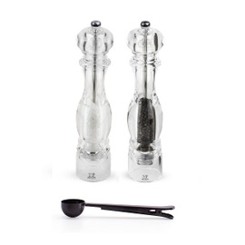 Peugeot Nancy Inch Salt & Pepper Mill Gift Set, Acrylic - With Stainless Steel Spice Scoop/Bag Clip (12 Inch)