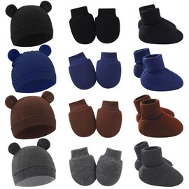 4 Pack Preemie Hats Mittens and Socks Set Soft Cotton Warm Bear Ear Preemie Beanie, Newborn Hospital Hat for Baby Boys Girls