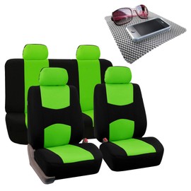 FH Group Bright Flat Cloth Full Set Automotive Seat Covers Front Set and Rear Solid Bench Green Black Seat Covers w. Gift Universal Fit Interior Accessories for Cars Trucks and SUVs