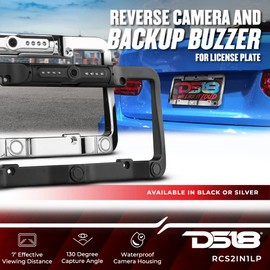 DS18 RCS2IN1LP-BK Reverse Camera and Backup Buzzer for License Plate, Parking/Reverse Assistance, Waterproof Camera Housing, LED Night Vision