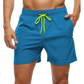 Tyhengta - Bañador para hombre, secado rápido, con bolsillos con cierre y forro de malla, Azul pavo real, 34