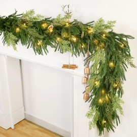 6 Ft Real Touch Norfolk Pine Garland, Prelit Christmas Garland with Lights Timer, Cedar Garland Artificial Realistic Soft and Thickness Greenery Cypress Garlands for Mantle Table Stairs Indoor Outdoor