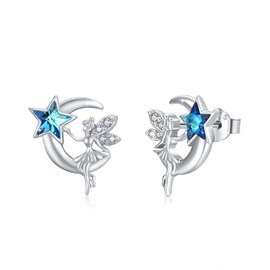 Moon Elf Fairy Earrings 925 Sterling Silver Elves Crescent Moon Star Stud Earrings with Blue Crystal Fairy Jewellery Birthday Gifts for Women Teenager Girls, Sterling Silver, Cubic Zirconia
