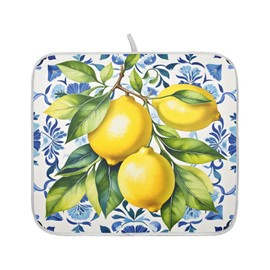 Lemon Italian Tile Blue E Dish Drying Mats for Kitchen Counter Absorbent Microfiber Dish Drying Matt 16 x 18 Inch Draining Reusable Rack Pad