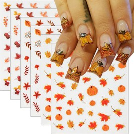 6Sheets Maple Leaf Nail Art Sticker Autumn Pumpkin Maple Leaves Nail Design Decals Self-Adhesive Holiday Thanksgiving Nail Stickers Gold Leaf Nail Decals Women DIY Fall Stickers for Nails