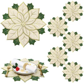 6 Pcs Holiday Christmas Embroidered Placemats Double Layer Applique Poinsettia Christmas Flower Placemat for Dining Holiday Table Decoration (Elegant Style, 14 x 14 Inch)