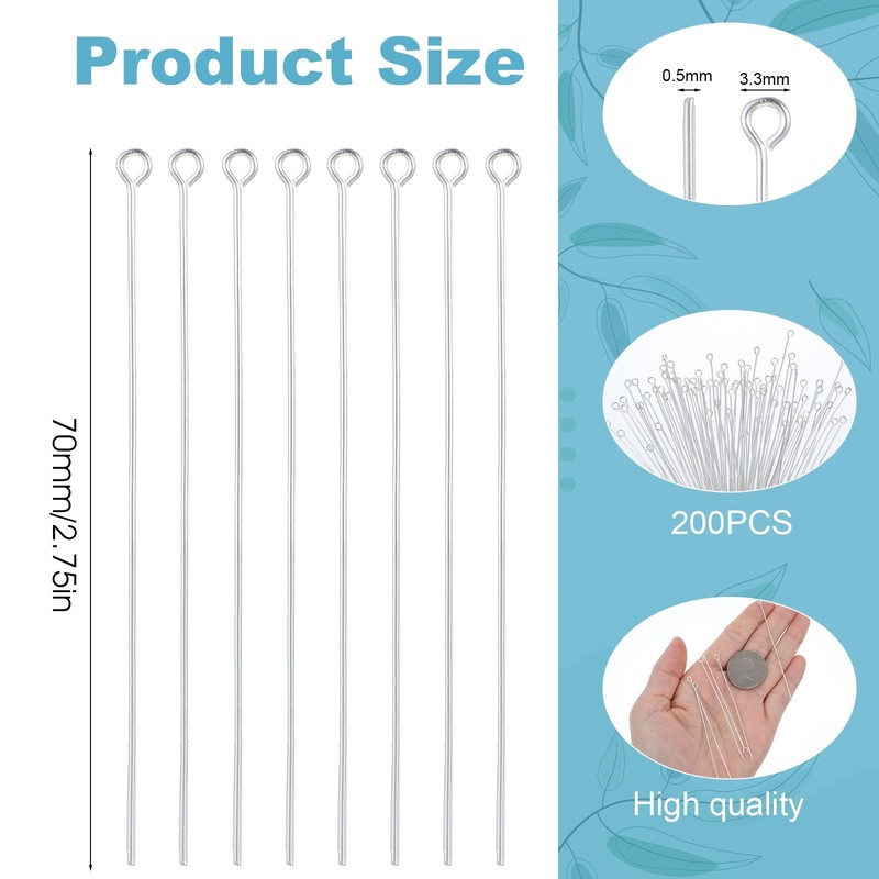 Ymapinc 200Pcs Eyepins for Jewelry Making 70mm/2.76In, Silver Open Eye