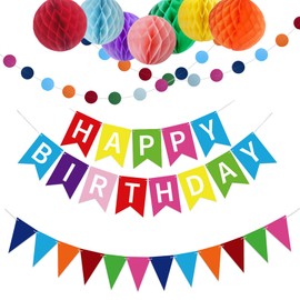 Birthday Party Decoration Gifts With 7 Honeycomb Balls And 1 Colorful Pennant Hanging Paper Fan Reusable Birthday Banner Suitable For Birthday Parties Of Different Ages