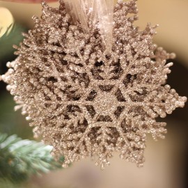Christmas Plastic Snowflake Ornaments, 12pcs Sparkling White Iridescent Glitter Snowflake Ornaments on String Hanger for Decorating, Crafting,Wedding and Embellishing (Champagne Color)