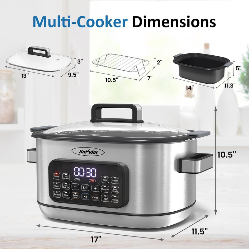 SUNVIVIPRO 12-in-1 Multicooker, 6.5QT Slow Cooker Roaster Oven, Digital Programmable