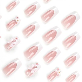 RUPOFUZA Long Press on Nails Square Fake Nails White French Tip nails False Nails with Pink Bow Flower Pearl Press ons Designs Acrylic Nails Press on Artificial Nails Stick on Nails for Women 24Pcs