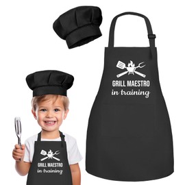 OUUKHGY Kids Apron and Chef Hat Set, Grill Maestro in Training Funny Child Apron with 2 Pockets for Boys Girls (Black)