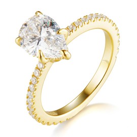 Bo.Dream 14K Yellow Gold Plated Silver 2ct Pear Shaped Cubic Zirconia CZ Engagement Rings for Women Size 6