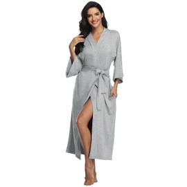 goodmansam Womens Soft Knit Bathrobes Long Kimono Robes Lightweight Sleepwear with Pockets Ladies Loungewear Housecoat, Grey, Small
