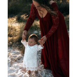 2Bunnies Girl Vintage Lace Scalloped Trim Boho Rustic Country Communion Flower Girl Dress (Long-Sleeve White, 6)