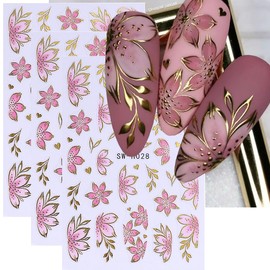 Flower Nail Art Stickers Decals 3D Pink Flower Nail Stickers Self-Adhesive Summer Nail Art Decorations Supplies 6PCS Bronzing Gold Edge Pink Purple Floral Petal Nail Decals Manicure Sliders for Women