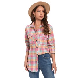 Oyamiki Womens Button Down Oversized Flannel Shirts Long Sleeve Plaid Business Casual Blouse Pink Top